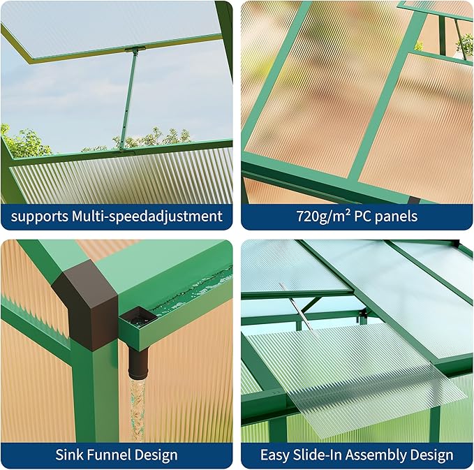 6x10 FT Greenhouse, Easy Assembly Aluminum Polycarbonate Greenhouses for Outdoors with Roof Vent and Ground Nails, Heavy Duty Aluminum Walk-in Greenhouse for Backyard, Sliding Lockable Door, Green