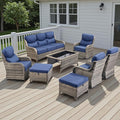 Rilyson Wicker Outdoor Patio Furniture Set - 8 Piece Patio Conversation Sets with Swivel Rocker Chairs, Ottomans, Sofa and Coffee Table, 6 inch Cushions, Deep Seating, for Porch Deck Mixed Grey/Blue