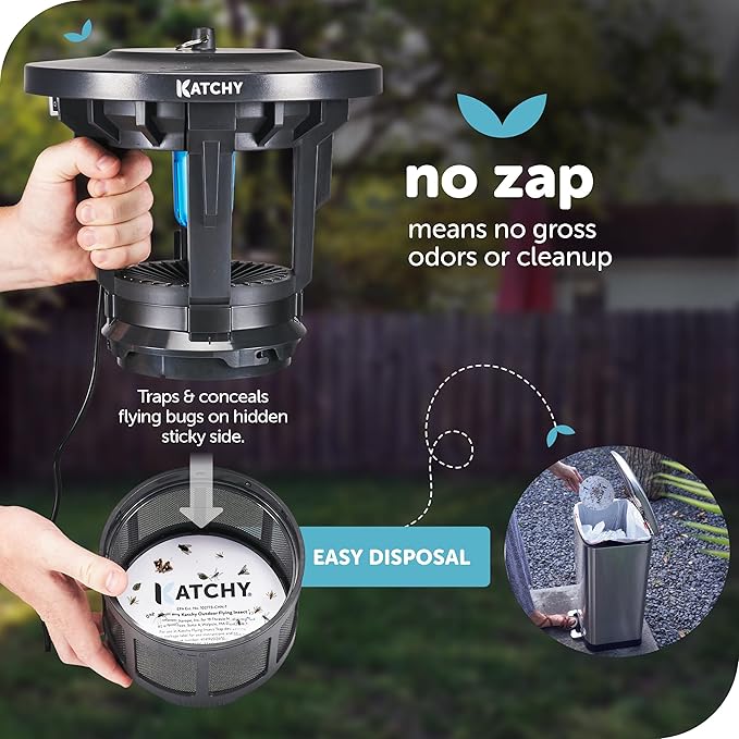 Katchy Outdoor Flying Insect Trap – Wall-Mounted Non-Zapper Trap for Catching and Killing Flies, Safe and Easy to Use (Black, 1 Device & 4 Refills)