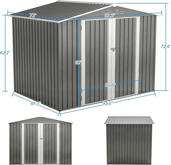 8 x 6 FT Outdoor Storage Shed with Floor Frame,Utility Metal Tool Storage with Lockable Doors,Air Vents & Waterproof Roof, Large Garden Shed for Backyard, Patio Lawn,Gray