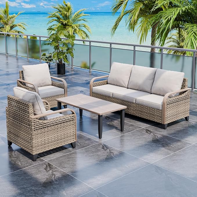 EAGLE PEAK Modern Wicker Outdoor Patio Furniture Set, Patio Conversation Set, 2 Chairs, 3-Seat Loveseat and Coffee Table, 4 Pieces, Brown/Gray