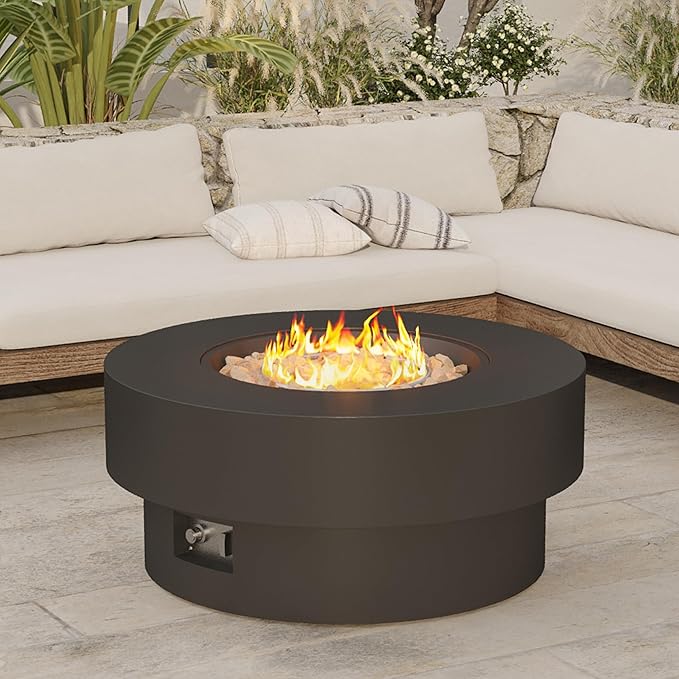 32 inch Outdoor Propane Fire Table, Round Patio Fire Pit Table, 50,000 BTU Gas FirePit with Lid, Cover, Lava Rocks, CSA Certified, Black