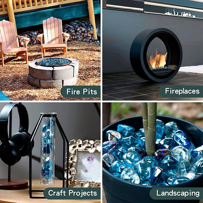 onlyfire 10-Pounds Fire Glass Diamonds for Propane Fire Pit, 1 Inch Blended Firepit Glass Rocks Stones for Gas Fireplace and Fire Pit Table - Cobalt Blue+Crystal Ice+Caribbean Blue…