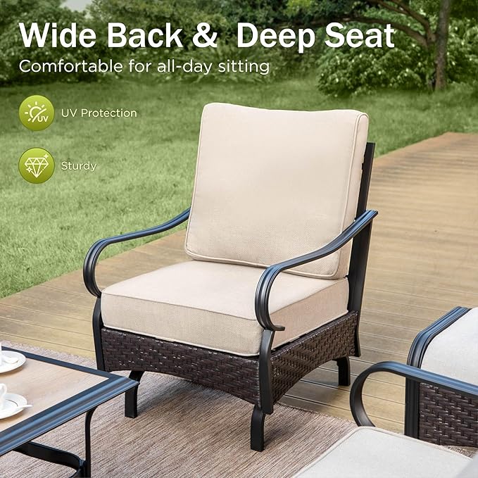 PHI VILLA Extra Large Outdoor Modern Patio Furniture Set, Upgraded Wicker&Metal Patio Furniture Conversation Set with Waterproof Thick Cushions for Porch, Poolside, Deck, and Yard(7 Pieces,Beige)