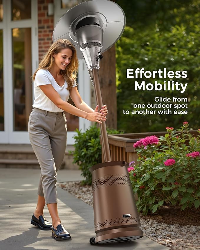 50,000 BTU Patio Heater for Outdoor Use With Adjustable Heat Focusing Top, Portable Propane Patio Heater with Wheels, Stainless Steel Burner for Porch, Deck, Garden, Commercial (Brown)