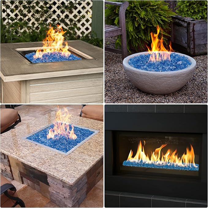 Onlyfire 10 pounds Fire Glass for Propane Gas Fire Pit, 1/4-Inch High Luster Fireplace Glass Rocks for Fire Pit Table, Pacific Blue