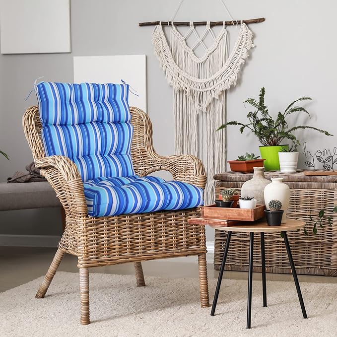 EAGLE PEAK Tufted Outdoor/Indoor High Back Patio Chair Cushions, Set of 2, 46'' x 22'', Blue Stripe