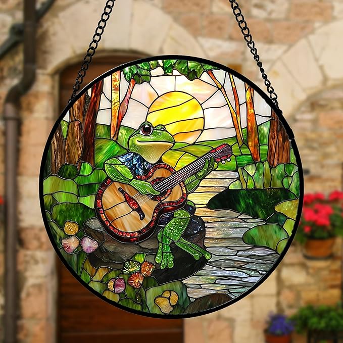 DASTOLL Stained Glass Window Hanging, Frog Playing Guitar Suncatcher Diamond Glass Panel Funny Sun Catchers Decor for Birthday for Women, Men, Wife, Aunt, and Mom 11.8x11.8 in
