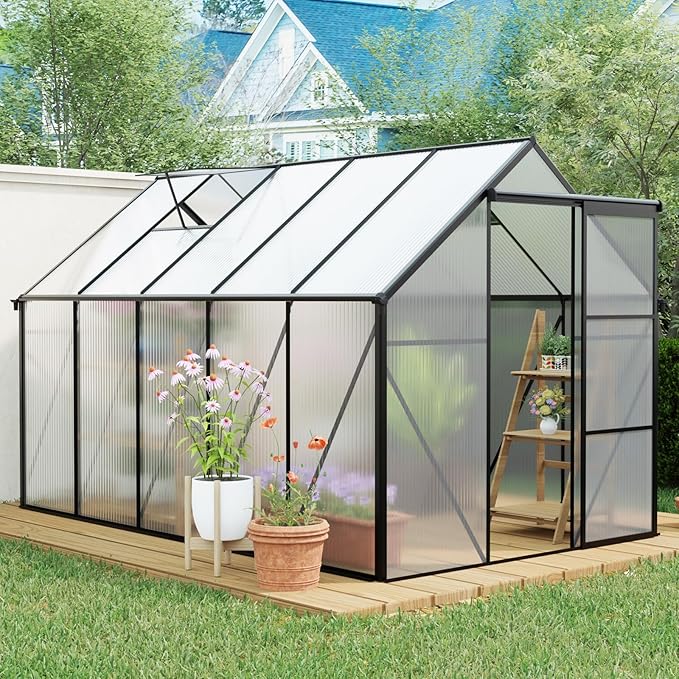 6×10 FT Black Polycarbonate Greenhouse for Outdoors with Aluminum Frame & Raised Base, Walk-in Green House with Sliding Door, Gutter System & Roof Vent, Heavy-Duty Outdoor Greenhouse