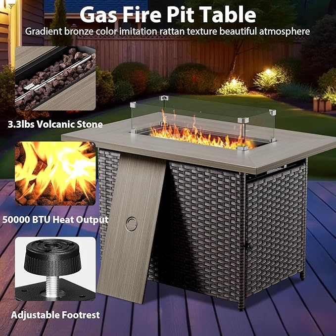 6 Piece Wicker Patio Furniture with Fire Pit Table - Outdoor Conversation Set with 50,000 BTU Fire Pit, All Weather Rattan Patio Set for Deck Backyard Garden - Brown Wicker Blue Cushion