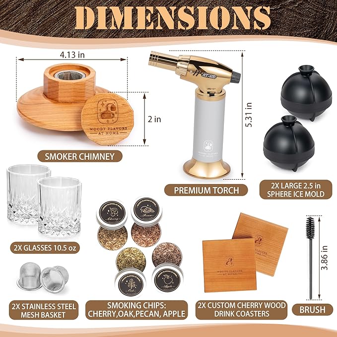 Woody Flavors At Home Old Fashioned Cocktail Smoker Kit for Whiskey, Bourbon, and Drinks with Cherry Smoker, Natural Wood Chip Flavors, Culinary Torch, Ice Cube Spheres, 2 Coasters, 2 Glasses