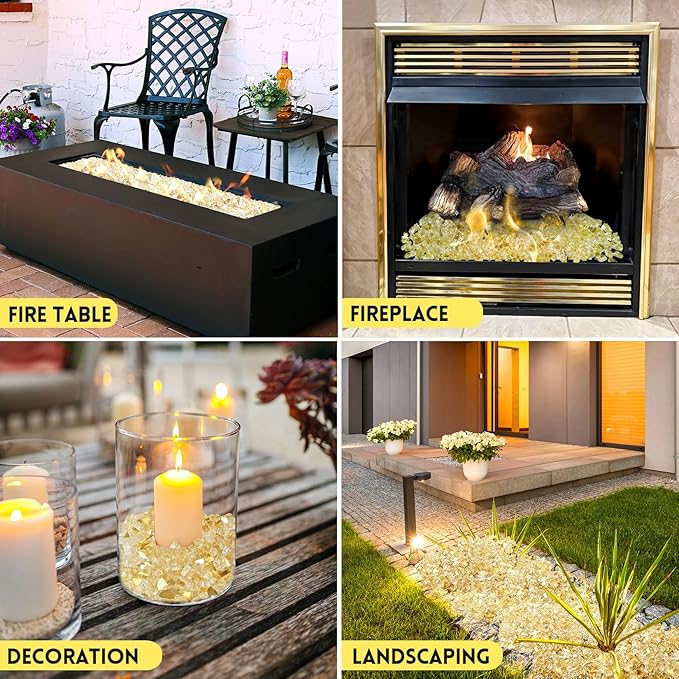 GasSaf 1/4 Inch Fire Glass Reflective Tempered Fireglass Cut Crushed FireGlass for Fire Pit, Fireplace, Replaces Existing Gas Logs & Lava Rocks (20 Pound)(Gold Reflective)