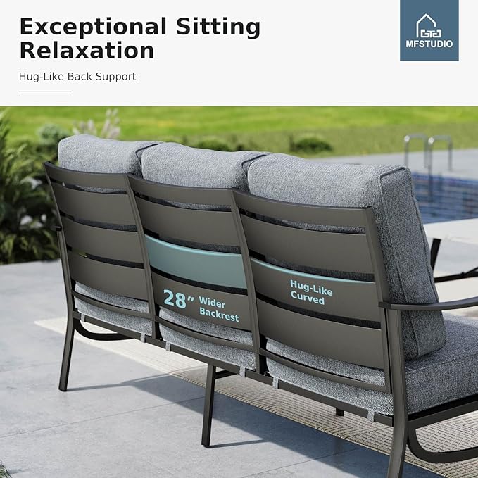 MFSTUDIO 7 Pieces Metal Patio Furniture Sets, 2 Swivel Chairs, 3-Seat Deep Seating Sofa, 2 Single Couch and 2 Ottoman, All Weather 9 Seats Outdoor Conversation Set for Garden Backyard, Grey Cushion