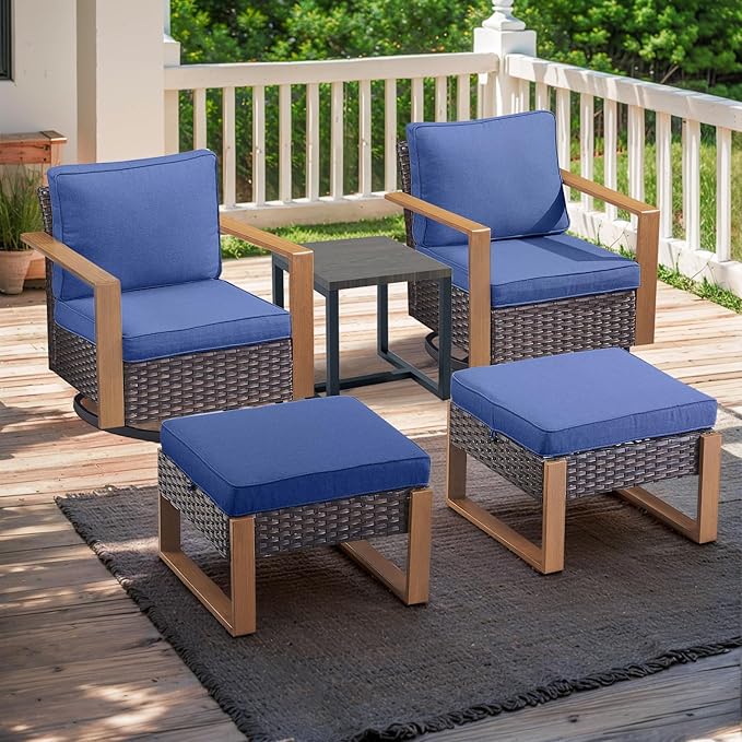 Rilyson Outdoor Wicker Patio Furniture Set - 5 Piece Patio Conversation Set with 2 Wicker Swivel Rocker Chairs,2 Ottoman, 1 Side Table, Thick Cushions, Deep Seating, Wide Armrest(Brown/Blue)