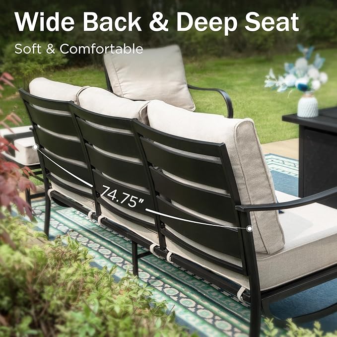 PHI VILLA 7 PCS Outdoor Patio Furniture Set with 2*C-Base Chairs, 1 * 3 Seater Padded Deep Seating Bench Sofa, 2*Padded Armrest Leg Chairs and 2*Metal Cushioned Ottoman for 7 Person