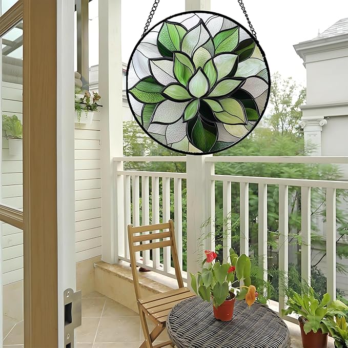 CRISGIF Stained Glass Window Hanging - Ireland Green Plants Suncatcher for Doors Garden Succulent Sun Catchers Decor Mother's St. Patrick's Day Birthday for Women Men Mom Nana 7.8 in