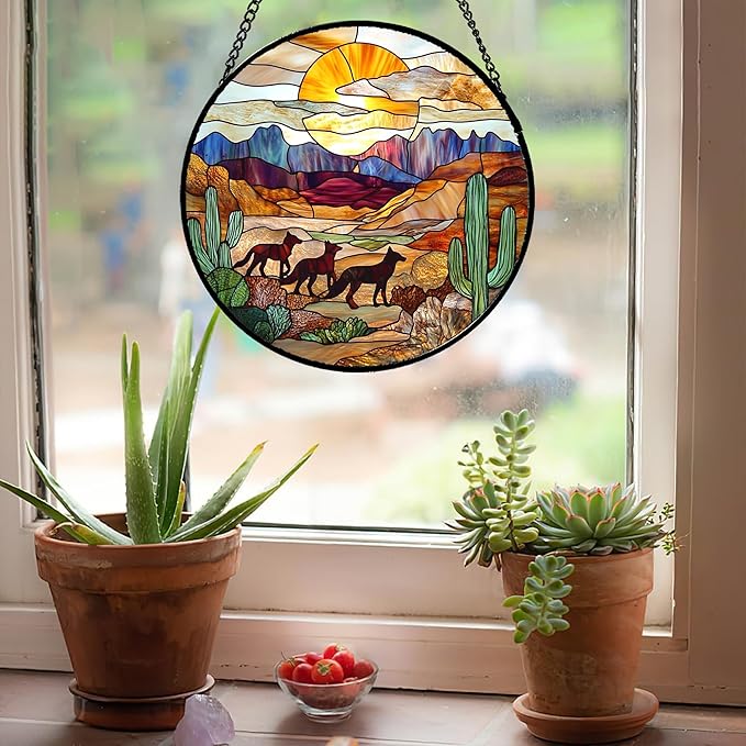 HKDGOKA Stained Glass Window Hanging Sunset Desert Landscape Wolf 7.8" - Suncatcher Door Garden Sunroom Sun Catcher Home Decor Birthday Christmas for Mom Men Woman Nana