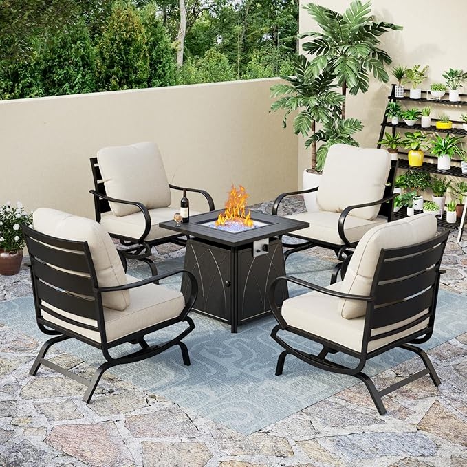 PHI VILLA 5 Piece Patio Furniture Set with 28" Firepit Table, 4 Outdoor 5.75" Cushioned Metal Frame C-Base Sofa Chairs & 28" Gas Firepit Table, Outside Furniture Set for Lawn Garden