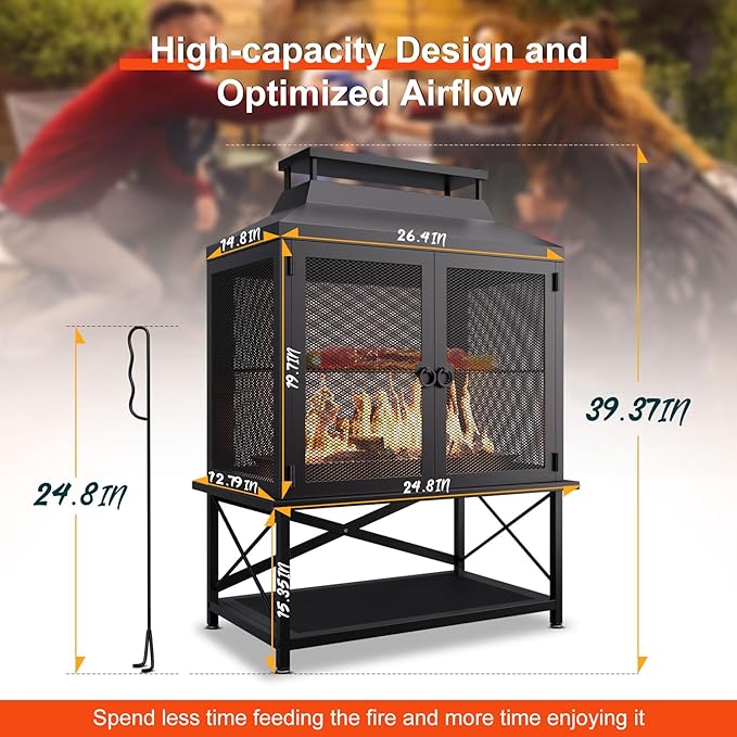 Fire Pits for Outside Wood Burning - 39" H Square Metal Outdoor Chiminea Fireplace with Grill, Mesh Spark Screen & Fire Poker, Ideal for Garden, Backyard, Patio, Party, Camping, Picnic, BBQ, Bonfire