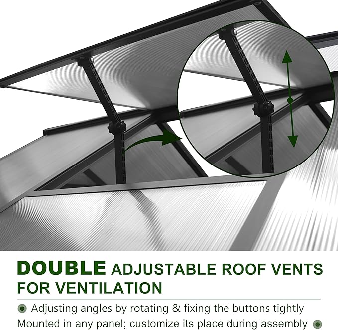 6x12 FT Polycarbonate Aluminum Greenhouse, Outdoor Walk-in Green House Kit with 2 Adjustable Roof Vents and Lockable Door, Backyard Garden in Winter, Gray