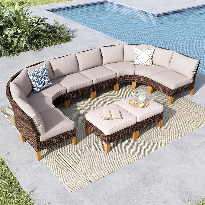 MFSTUDIO 10 Pieces Extra Large Wicker Patio Furniture Set, Rattan Outdoor Conversation Half-Moon Sectional Patio Set, 4 x Curved Couch, 4 x Armless Sofa, 2 x Ottoman(Beige Cushion)