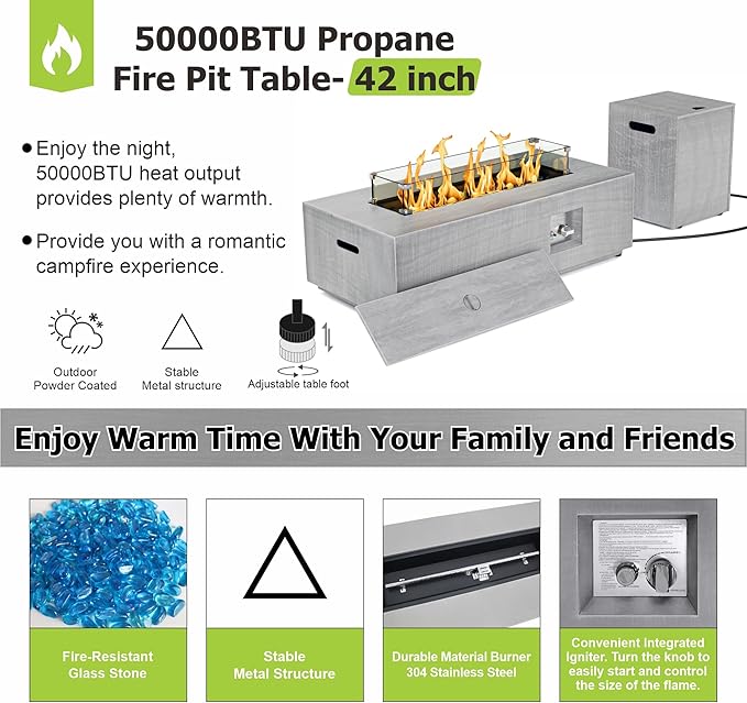 Dineli 2-Piece Outdoor Propane Fire Pit Table Set w Tank Table 42'' Rectangular Firepit Gas Fire Pits for Outside Patio Fire Table Tabletop Fire Pits, 50,000 BTU, Light Gray