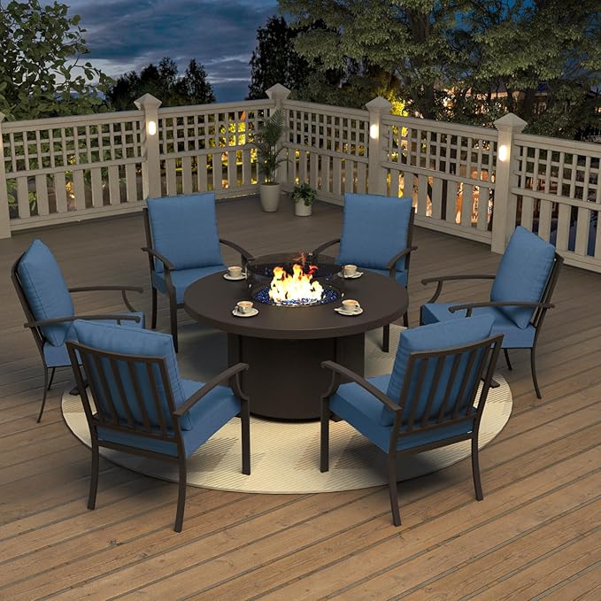 Kurapika 7 Piece Metal Outdoor Patio Furniture Set with 48" Round Fire Pit Table, Patio Conversation Sets 6 Fixed Chairs with Thick Cushion and 40000 BTU Propane Fire Pit Table, Navy Blue