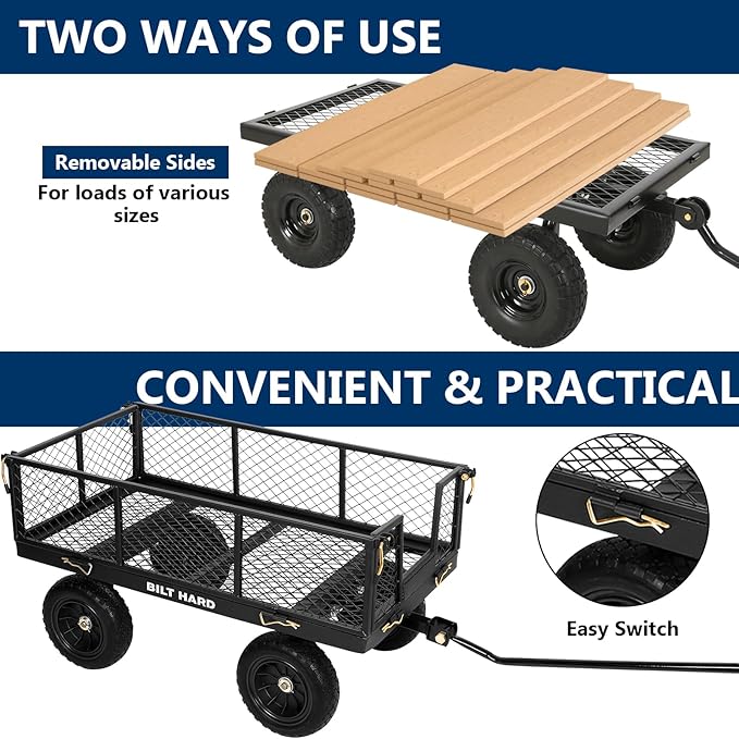 BILT HARD 880 lbs 10" Flat Free Tires Steel Garden Cart with 180° Rotating Handle and Removable Sides, Heavy Duty 4 Cu.Ft Capacity Utility Garden Carts and Wagons, Black