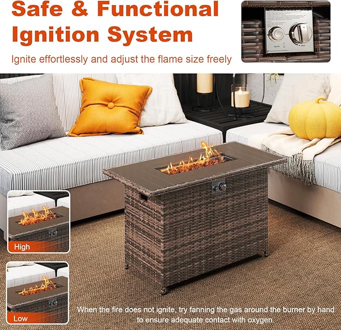 Tangkula 44.5 Inch Propane Fire Pit Table, Outdoor Rattan Gas Firepit with Metal Slatted Tabletop & Stainless Steel Burner, Rectangle Fire Pit with Lava Rocks & Protective Cover for Outside Patio