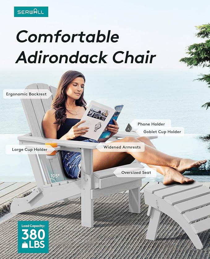 SERWALL Adirondack Chair with Cup Holders - Composite Adirondack Chairs Set of 8 HDPE Outdoor Chairs All Weather Use- Silver Gray