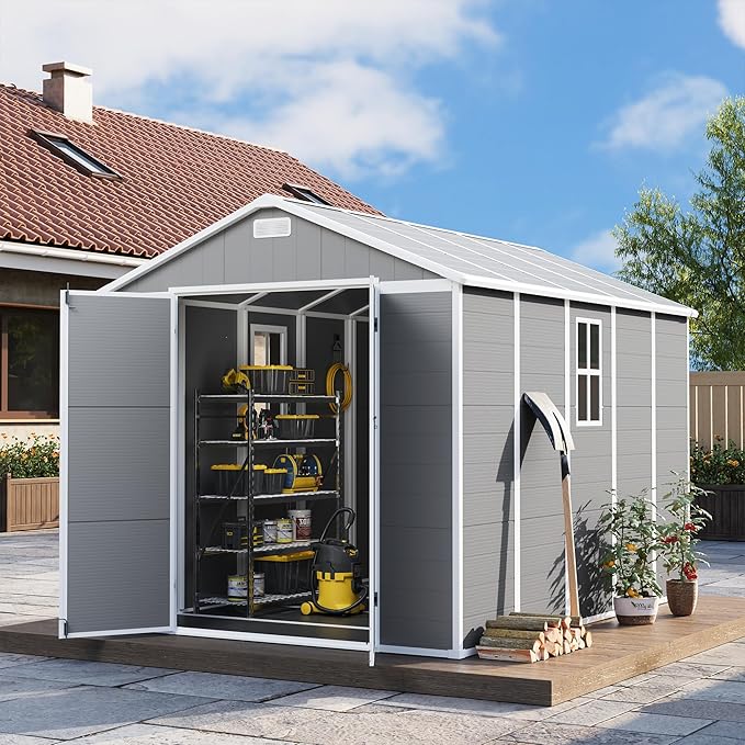 UDPATIO Storage Shed 8 x 10 FT, Resin Sheds & Plastic Outdoor Storage with Floor Large Clearance Outdoors Garden Tool Shed Tuff Outside Patio Shed with Lockable Door for Bike, Garbage Gray White