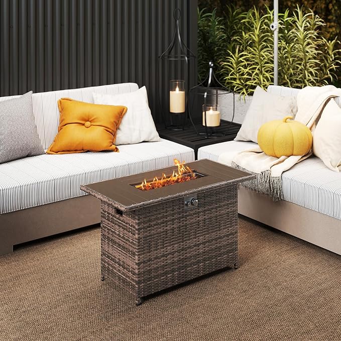 Tangkula 44.5 Inch Propane Fire Pit Table, Outdoor Rattan Gas Firepit with Metal Slatted Tabletop & Stainless Steel Burner, Rectangle Fire Pit with Lava Rocks & Protective Cover for Outside Patio