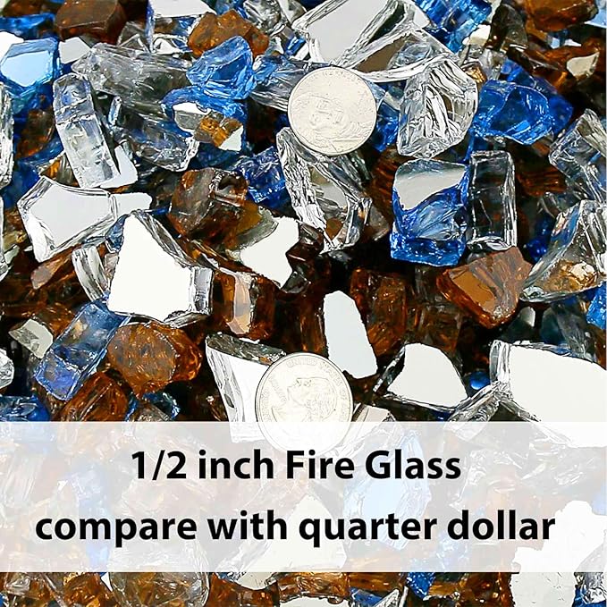 GRISUN 20 Pounds Fire Glass Mixed Color for Fire Pit - 1/2 Inch Reflective Tempered Glass Rocks for Natural or Propane Fireplace, Safe for Outdoors and Indoors, Pacific Blue, Copper, Ultra White