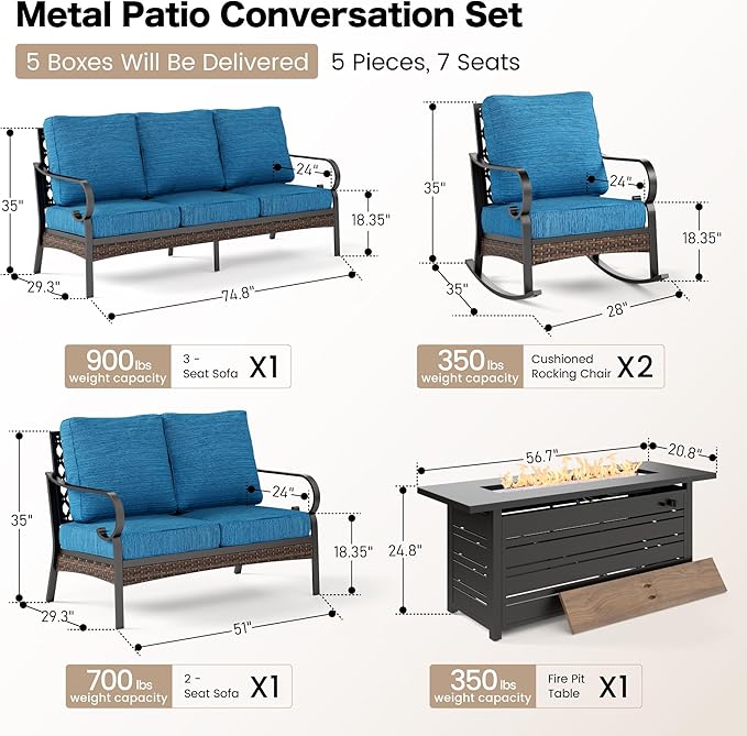 SUNSHINE VALLEY 5 Piece Metal Outdoor Patio Furniture Sets with Firepit Table, Patio Conversation Sets 1 3-Seater Sofa, 2-Seater Loveseat, 2 Rocking Chair with 5.75" Cushion for Backyard Deck, Blue-2