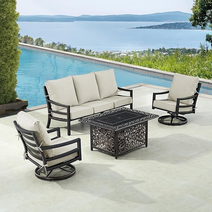 Oakland Living Black Aluminum Patio Fire Table Set with Deep Seating Sofa with Cushions and Two Club Chairs with Light Grey Cushions