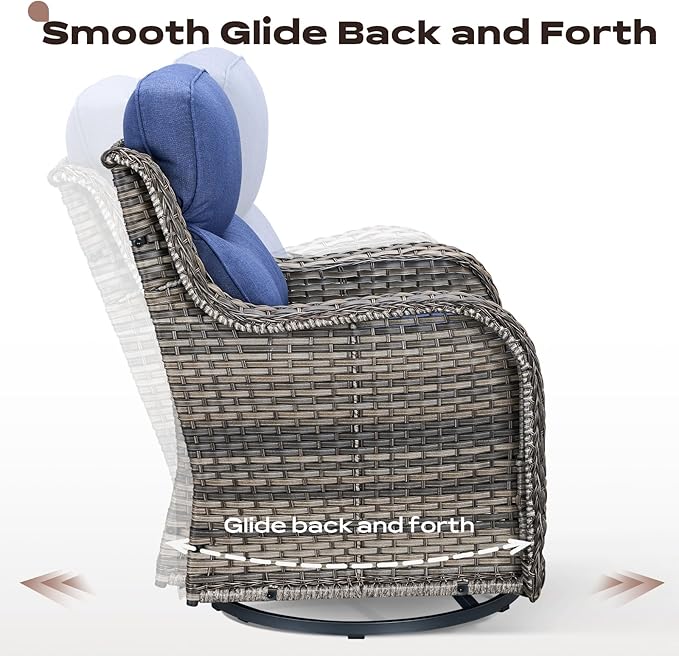 Rilyson Wicker Outdoor Patio Furniture Set - 5 Piece Patio Conversation Sets with Swivel Rocker Chairs, Ottomans and Sofa, 6 inch Cushions, Waterproof Wicker, for Porch Deck Mixed Grey/Blue