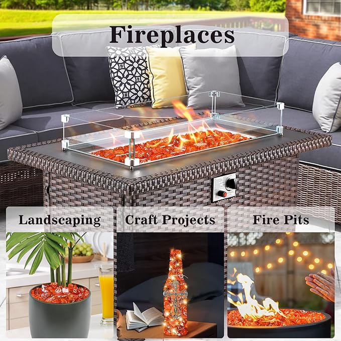 GRISUN Orange Red Fire Glass for Fire Pit - 1/2 Inch Tempered Glass Rocks for Natural or Propane Fireplace, Safe for Outdoors and Indoors Firepit Glass, 10 Pounds