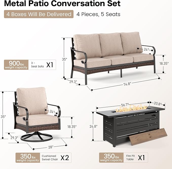 SUNSHINE VALLEY 4 Piece Black Metal Outdoor Patio Furniture Sets with Firepit Table, Patio Conversation Sets 1 3-Seater Sofa, 2 Swivel Sofa with 5.75" Thick Cushion Backyard Furniture for Deck, Beige
