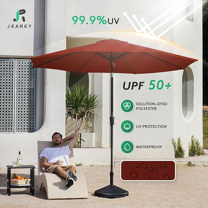 JEAREY 9FT Outdoor Patio Umbrella Outdoor Table Umbrella with Push Button Tilt and Crank, Market Umbrella 8 Sturdy Ribs UV Protection Waterproof for Garden, Deck, Backyard, Pool (Cherry Red)
