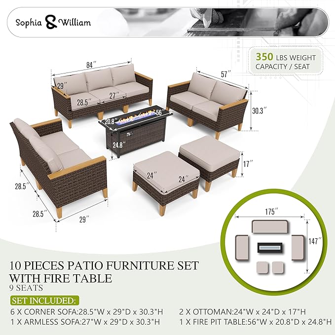 Sophia & William Patio Furniture Set with 56" Fire Pit Table, 10PCS Outdoor Wicker Sectional Conversation Set with 3-Seater Sofa, 2-Seater Couch, 2 Ottoman & FirePit Table(Beige)