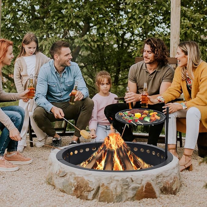 36 Inch Smokeless Fire Pit Ring with Grill Fire Ring for Outside Heavy Duty Metal Firepit Insert Round Steel Large Above/In-Ground Camping Firepit for Outdoor Patio Picnic BBQ Garden