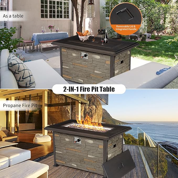 Vicluke 44 Inch Aluminum Propane Fire Pit Table w/Faux Ledgestone, Hand-Painted Table Top, 50,000 BTU Fire Table w/CSA Certification,Waterproof Cover,Glass Rock for Outdoor, Patio, Christmas(Grey)