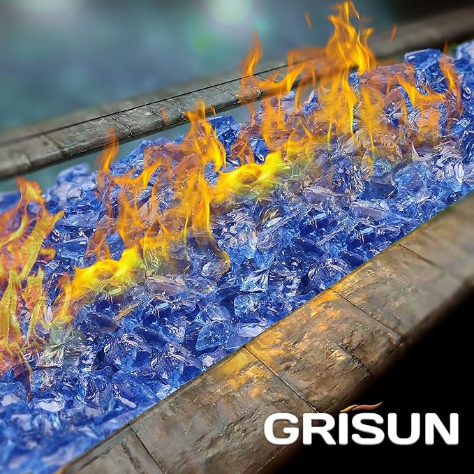 GRISUN Pacific Ocean Blue Fire Glass for Fire Pit, 10 Pounds 1/2 Inch Tempered Glass Rocks for Natural or Propane Fireplace, Safe for Outdoors and Indoors Firepit Glass
