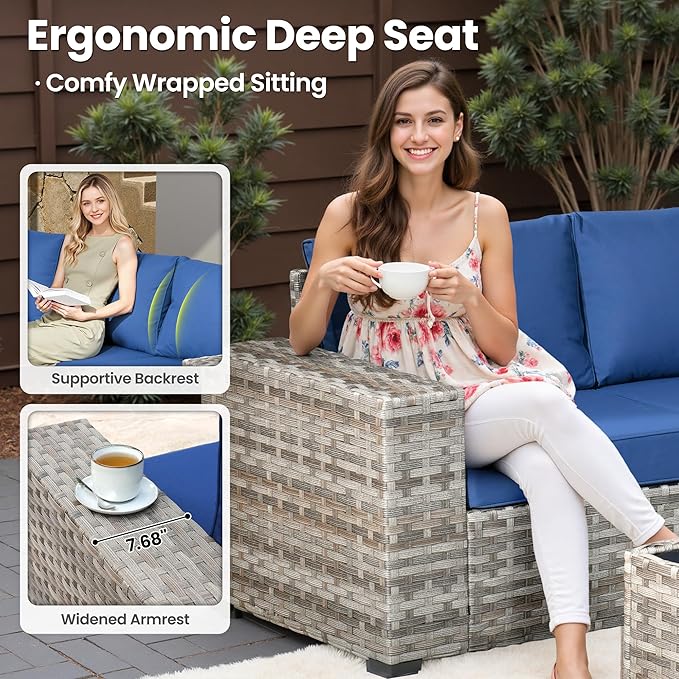 ovios 9 Pieces Patio Furniture Set, Outdoor Wicker Sectional Sofa with 42" Fire Pit Table Swivel Chair, Modern Modular Deep Seat Rattan Couch Conversation Sets, Navy Blue
