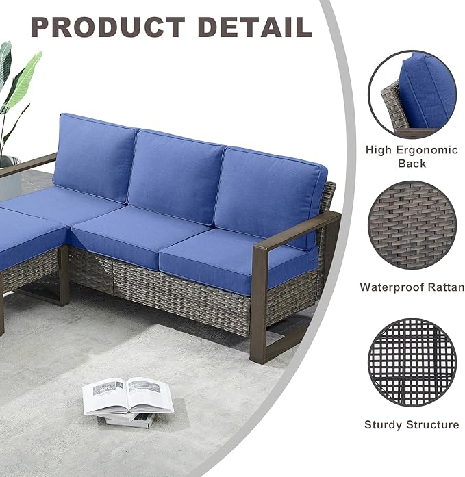 Rilyson Outdoor Wicker Patio Furniture Set - 6 Piece Patio Conversation Set with 2 Wicker Swivel Rocker Chairs,2 Rattan Ottoman,1 Side Table and 1 Couch,Thick Cushions,Deep Seating(Mixed Grey/Blue)