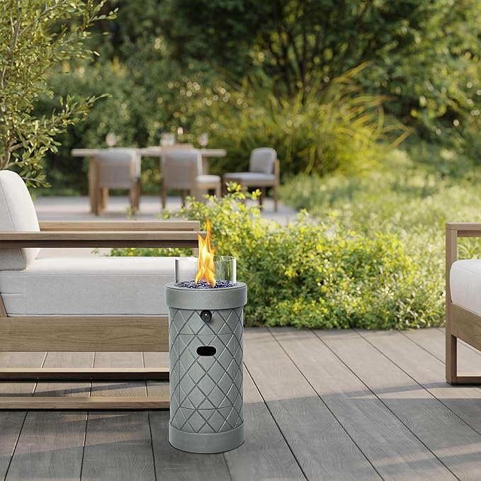1Lb Column Propane Fire Pit, 10,000 BTU Gas Fire Pit, Outdoor Firepit for Patio w/Wind Glass Shield, Glass Rocks