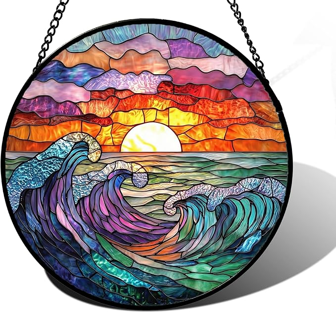DASTOLL Stained Glass Window Hanging, Clouds and Sea Waves Suncatcher Diamond Glass Panel Hangings Scenery Sun Catchers Decor for Birthday for Women, Men, Wife, Aunt, and Mom 9.8 in