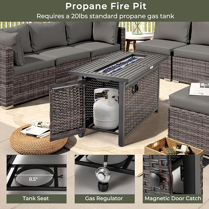 RELAX4LIFE 45’’ Propane Fire Pit Table - 50000 BTU Rattan Outdoor Fire Pit w/Metal Top, Glass Stones, Lid & Protective Cover, Rectangular Gas Fire Pits for Outside Patio Backyard Garden Deck Parties