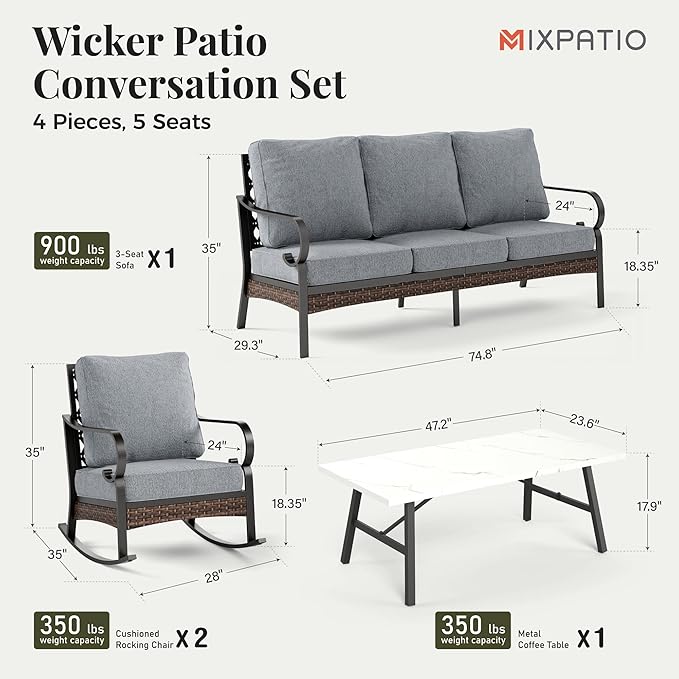 Patio Furniture Set with Coffee Table, Outdoor Conversation Set with 2 x Rocking Chairs, 1 x 3-Seat Sofa for Lawn Garden Backyard, Grey