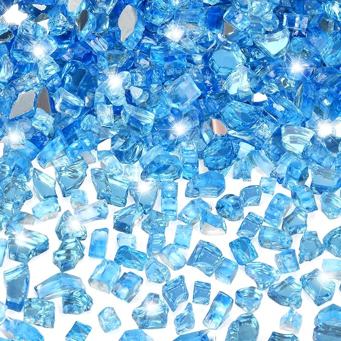 GasSaf 1/4 Inch Fire Glass Reflective Tempered Fireglass Cut Crushed FireGlass for Fire Pit, Fireplace, Replaces Existing Gas Logs & Lava Rocks (10 Pound)(Pacific Blue Reflective)